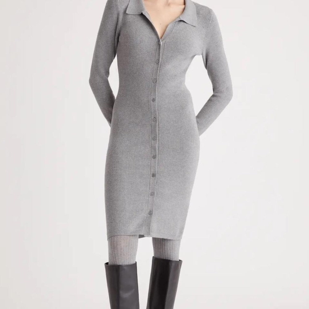 Quince Ribbed Eco Knit Sweater Dress in Heather Grey Button Front Collared
